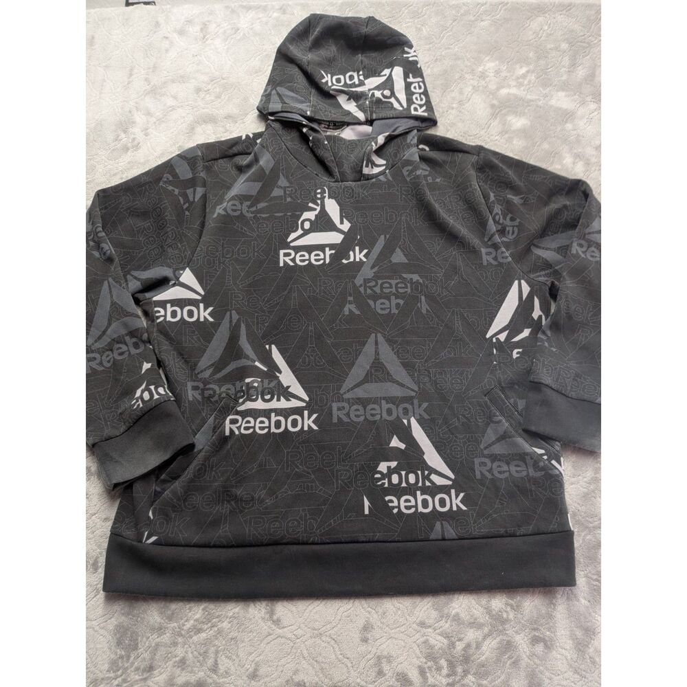 Reebok Mens 2XL All Over Logo Hoodie Black Gray Pullover Streetwear Y2K
